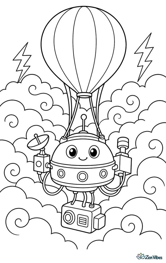 A Venus probe drifts through thick swirling clouds, hanging beneath a balloon, with lightning shapes in the distance and instrument boxes attached by cables.