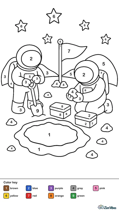 Two astronauts set up a small research camp beside a fresh meteor crater, with sample boxes, a flag marker, and low hills under a starry sky.