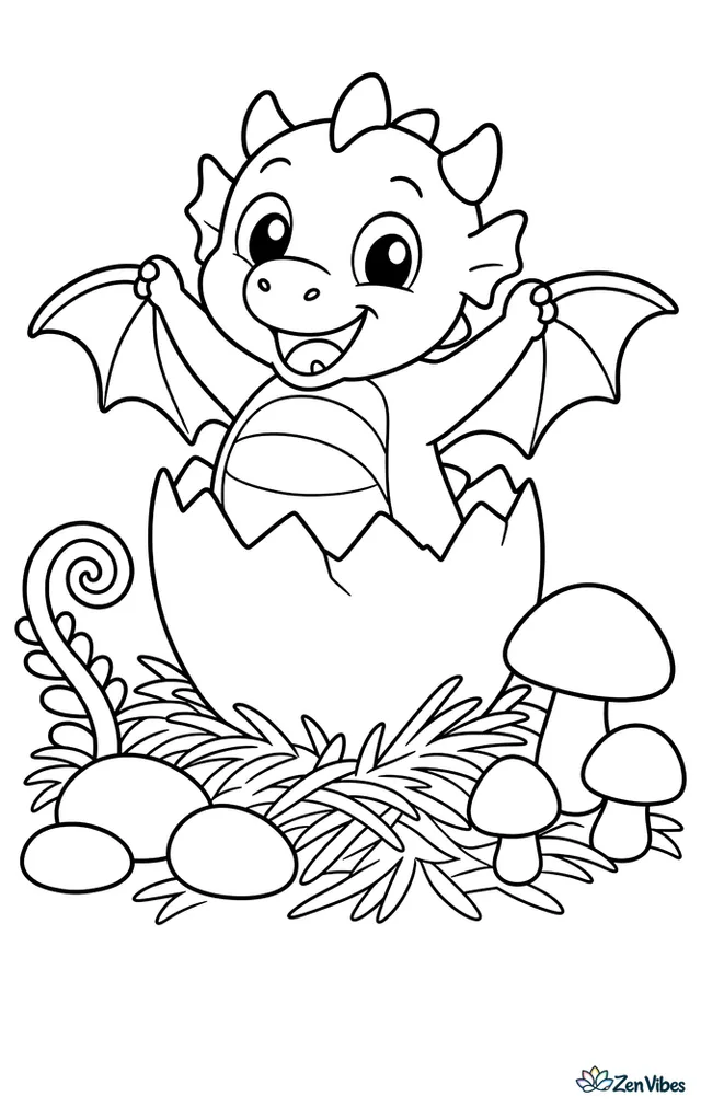 A round-bellied baby western dragon peeks from a cracked egg on a straw nest, stretching tiny wings while smooth pebbles, a curled fern, and three mushrooms surround the nest.