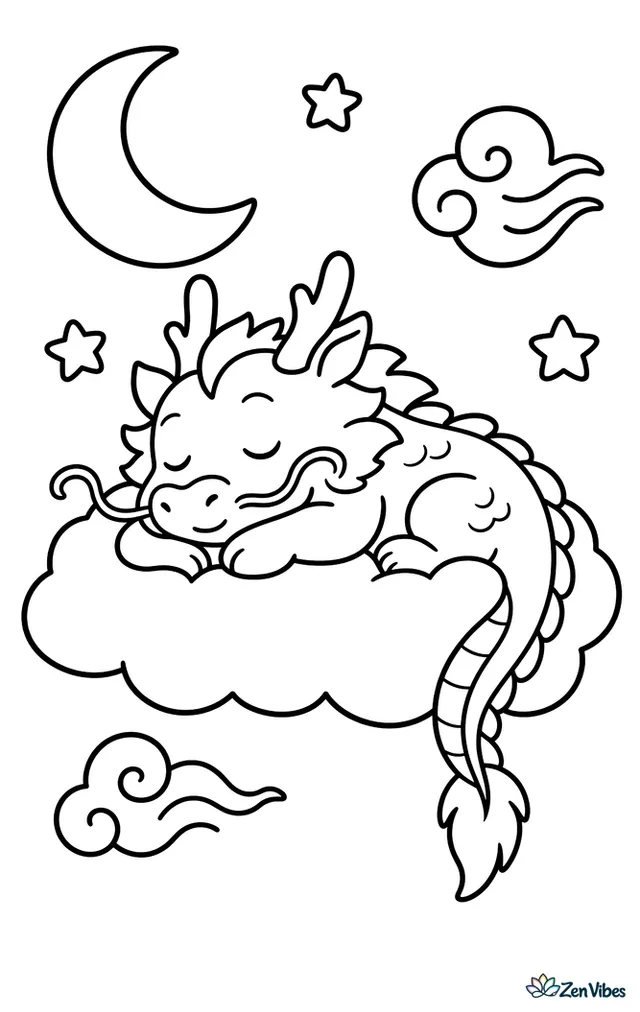 A small eastern cloud dragon naps on a fluffy cloud, tail dangling over the edge while a crescent moon, four stars, and two swirly puffs of wind float nearby.