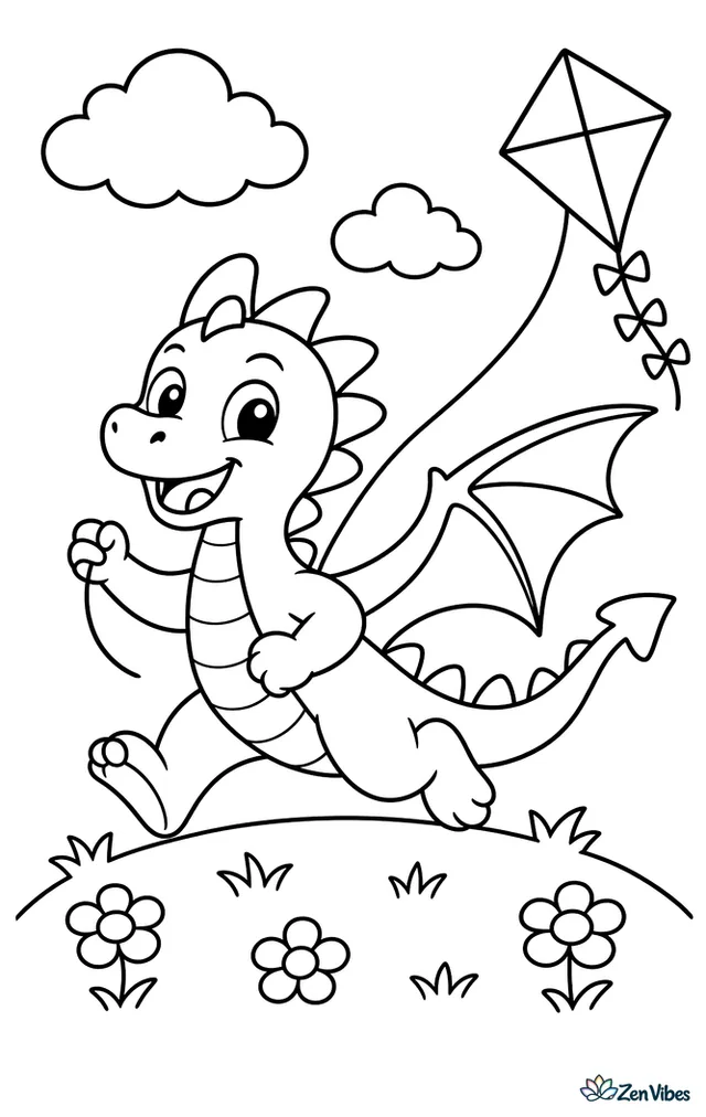A cheerful wyvern runs across a grassy hill flying a diamond kite, with simple flowers dotting the ground and two puffy clouds drifting above in a wide open sky.
