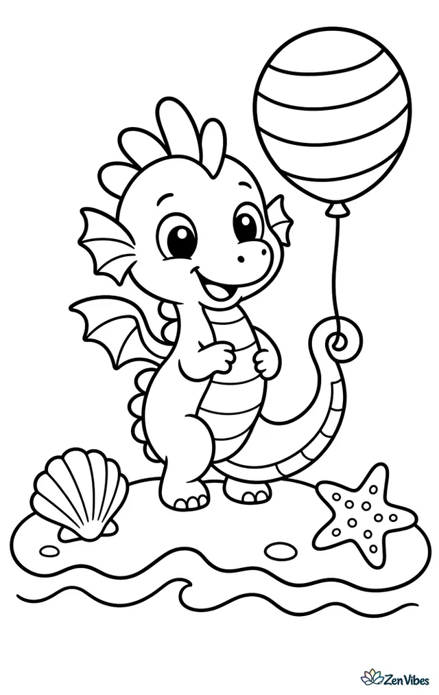 A tiny sea dragon stands on a sandy beach holding a striped balloon in its curled tail, while a shell, a starfish, and gentle waves make a simple seaside scene.