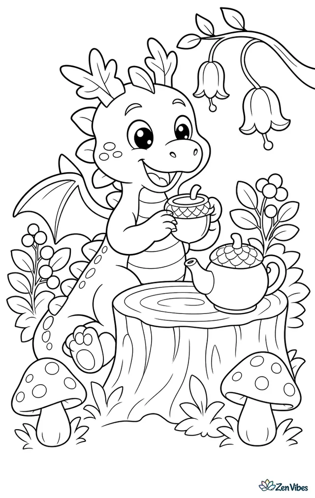 A young forest dragon sits at a stump table having tea from an acorn cup, with berry bushes, a teapot, two toadstools, and hanging lantern flowers around the woodland clearing.