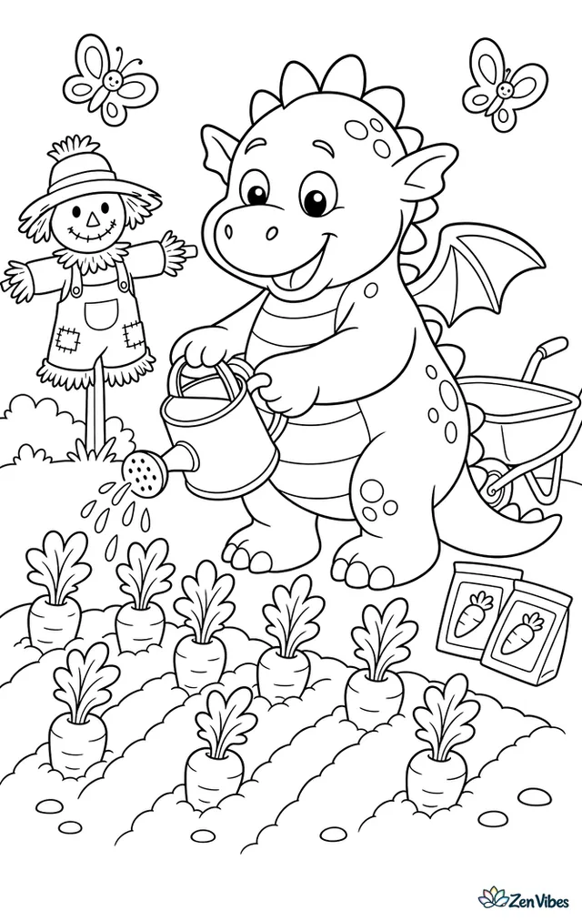 A pudgy garden dragon waters neat rows of carrots with a metal watering can, while a scarecrow, seed packets, a wheelbarrow, and fluttering butterflies fill the sunny vegetable patch.