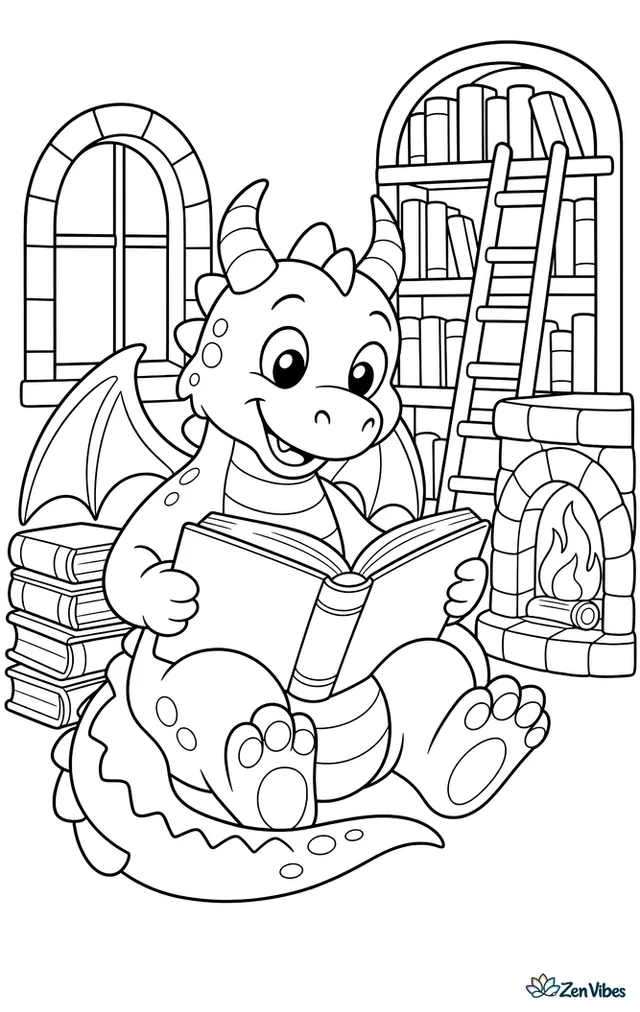 A book-loving castle dragon curls in a cozy library nook reading a large storybook, surrounded by stacked books, a ladder, an arched window, and a flickering fireplace.