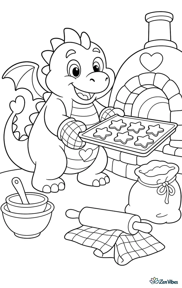A plump hearth dragon pulls a tray of star-shaped cookies from a stone oven, with mixing bowls, a rolling pin, flour sacks, and a checked towel in the warm kitchen.