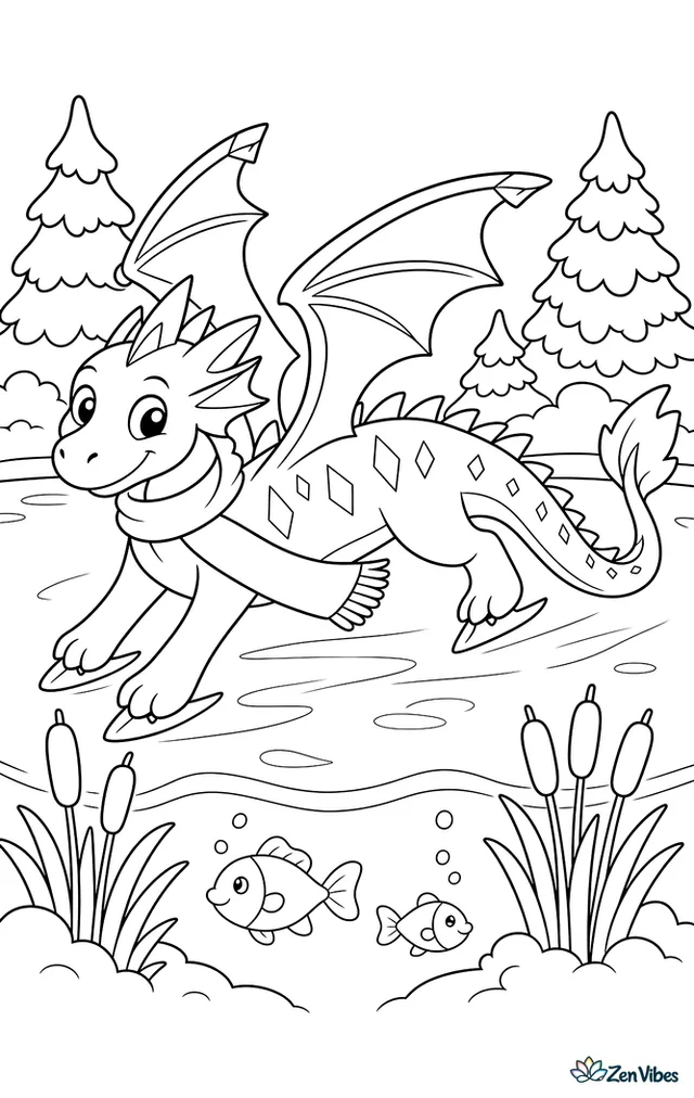A sleek frost dragon glides across a frozen pond wearing a scarf, while cattails poke through snow, fish show beneath the ice, and snow-covered pines ring the shore.