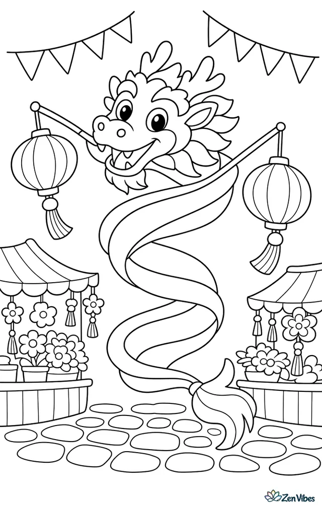 A ribbon-bodied festival dragon twirls through a village square carrying glowing paper lanterns, with bunting overhead, cobblestones below, and market stalls decorated with flowers and tassels.