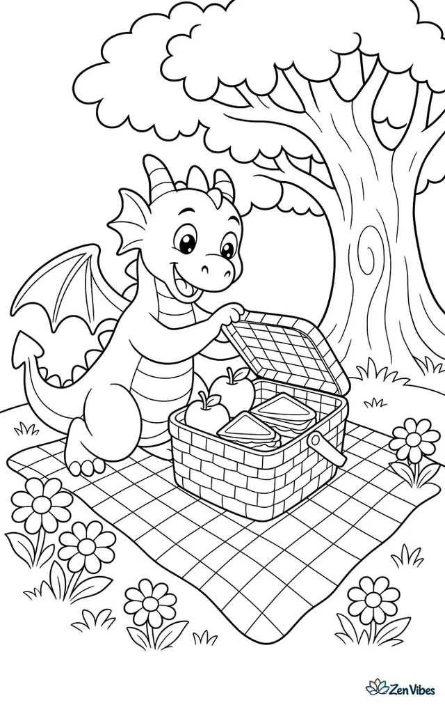 A meadow dragon opens a picnic basket beside a checkered blanket, while apples, sandwiches, daisies, and a large shady oak tree create a pleasant afternoon park scene.