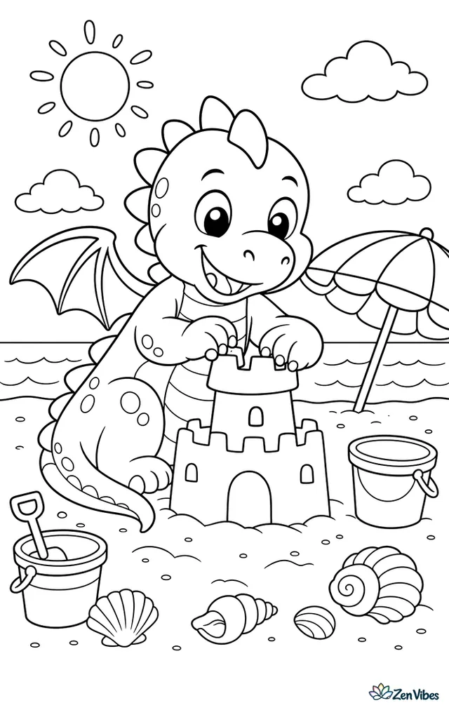 A seaside dragon pats towers onto a sandcastle with its paws, while buckets, seashells, a striped umbrella, and a calm shoreline stretch across the sunny beach.