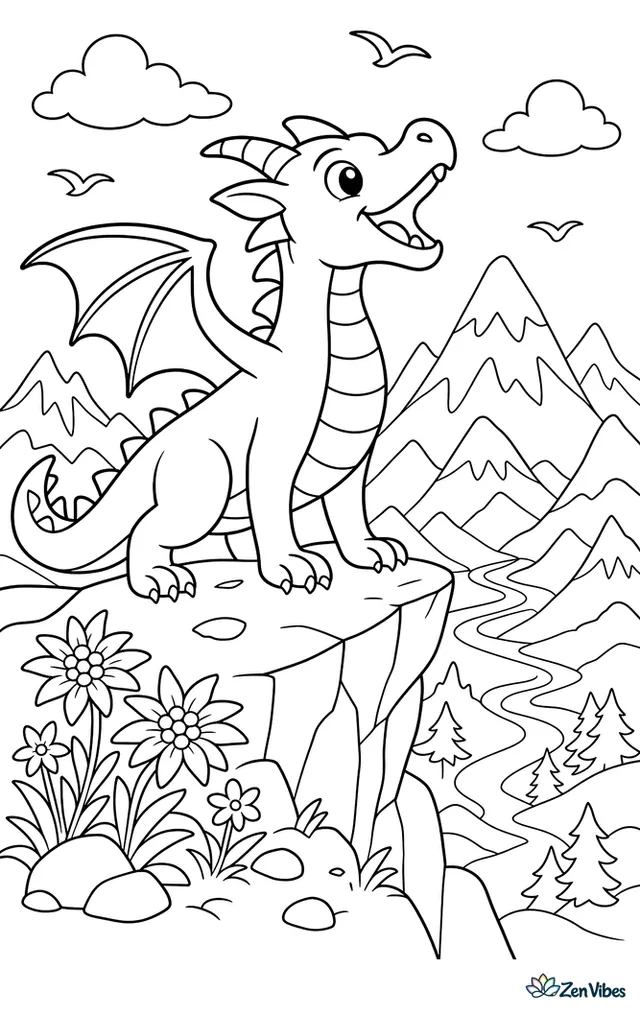 An alpine dragon stands on a cliff calling into the valley, with layered peaks, circling birds, hardy wildflowers, and a winding river far below the rocky ledge.