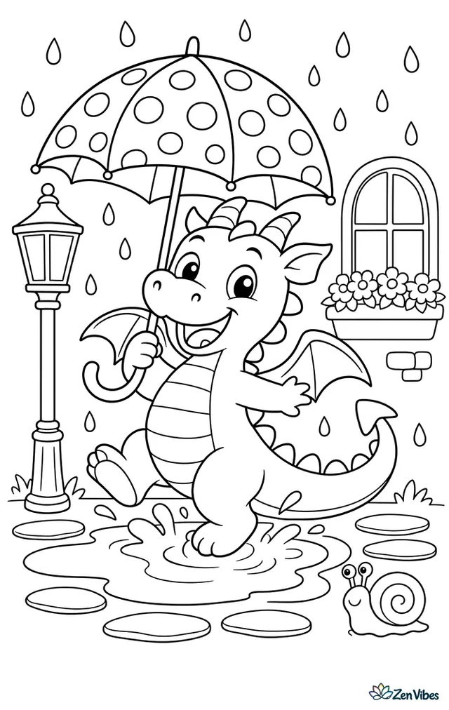 A cheerful city dragon splashes in puddles beneath a spotted umbrella, while raindrops fall past lamp posts, window boxes, stepping stones, and a small snail crossing the path.