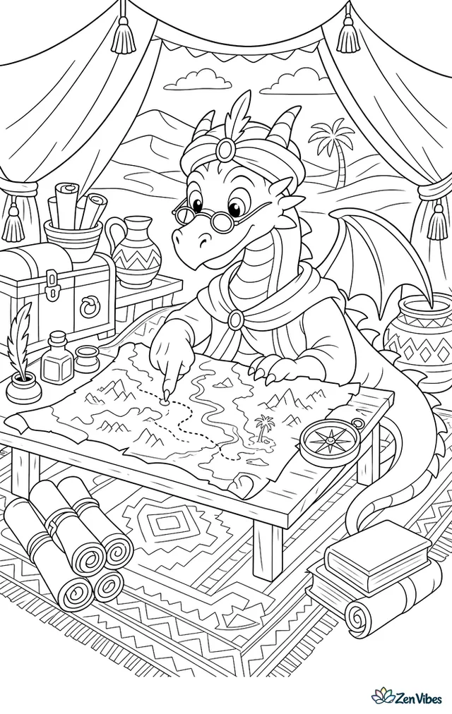 A scholarly desert dragon spreads a parchment map across a low table, tracing routes with one claw while ink bottles, a compass, rolled scrolls, and patterned rugs fill the tent.