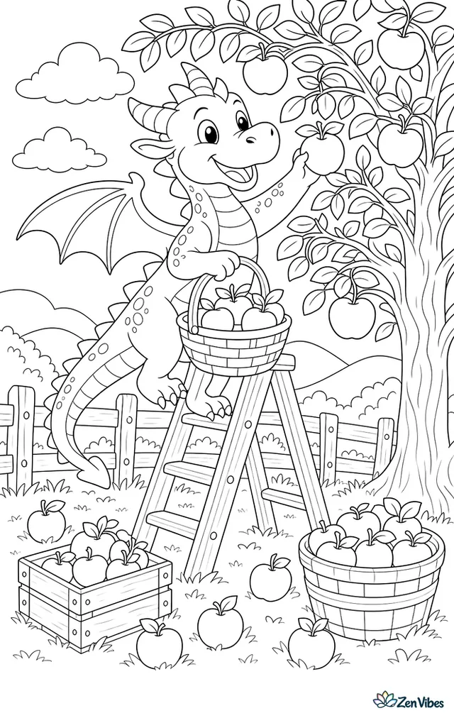 A rosy orchard dragon balances on a ladder picking apples into baskets, while leafy branches arch overhead and crates, fallen fruit, a wooden fence, and distant hills complete the farm.