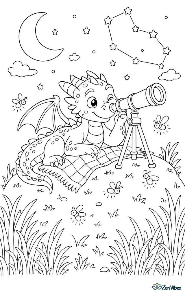 A midnight dragon lies on a hill studying constellations through a brass telescope, with a blanket, fireflies, tall grass, and a crescent moon shining over the quiet field.