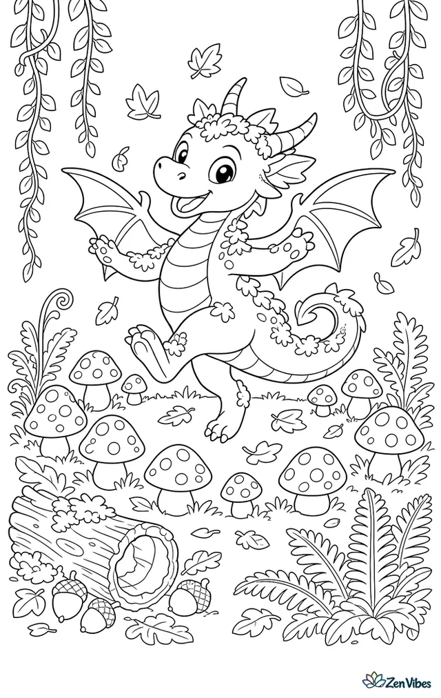 A mossy glade dragon dances around a ring of spotted mushrooms, scattering leaves while ferns, acorns, a hollow log, and hanging vines fill the enchanted forest floor.