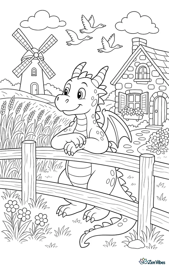 A countryside dragon leans on a fence watching a windmill turn, while wheat fields ripple, geese cross the sky, and a stone cottage with flower boxes sits nearby.
