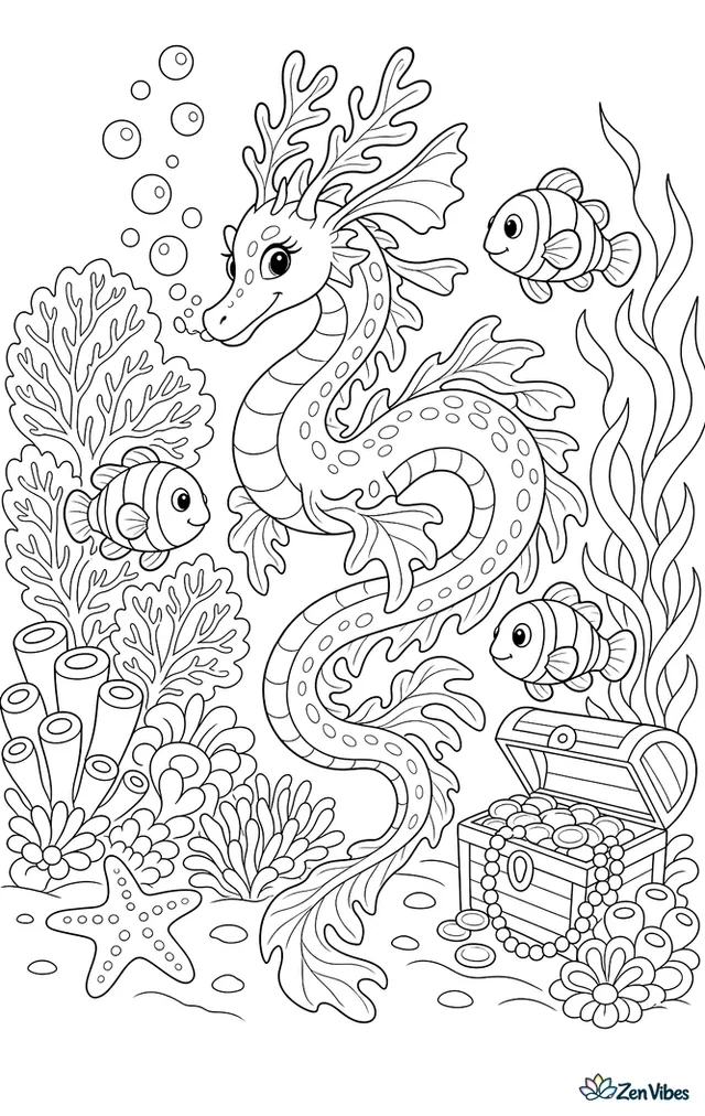 A graceful sea dragon weaves through a coral reef blowing bubbles, while clownfish, sea fans, a treasure chest, and swaying kelp create a lively underwater garden.