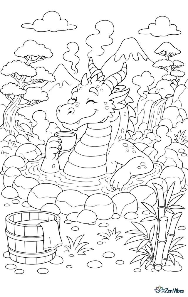 A relaxed volcanic dragon soaks in a rocky hot spring, steam curling around its horns while smooth stones, bamboo, a wooden bucket, and mountain pines surround the pool.