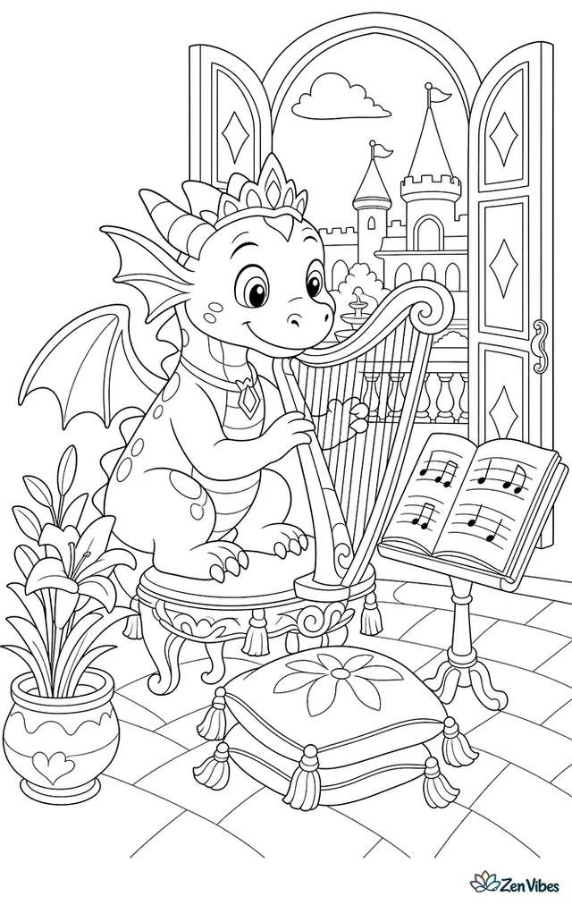 A young palace dragon practices a harp lesson on a carved stool, with sheet music, tasselled cushions, potted lilies, and open balcony doors overlooking the courtyard.
