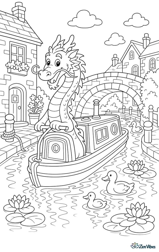 A long river dragon steers a narrow canal boat under an arched bridge, while water lilies, brick houses, mooring posts, and ducks line the reflective waterway.