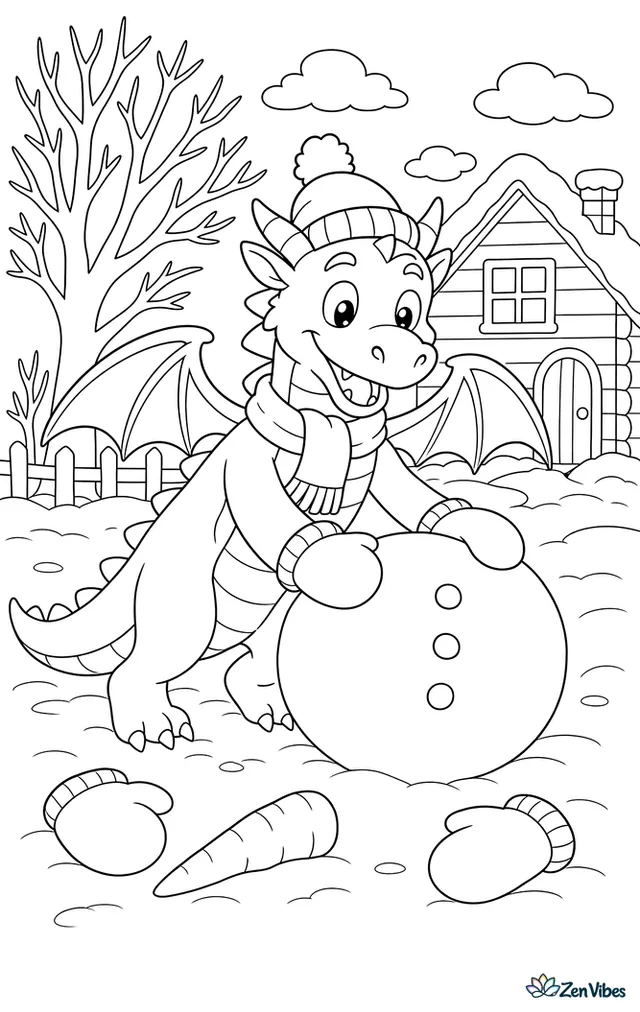 A playful winter dragon rolls the middle piece of a snowman across a snowy yard, with mittens, a carrot nose, bare trees, and a cozy cabin in the background.