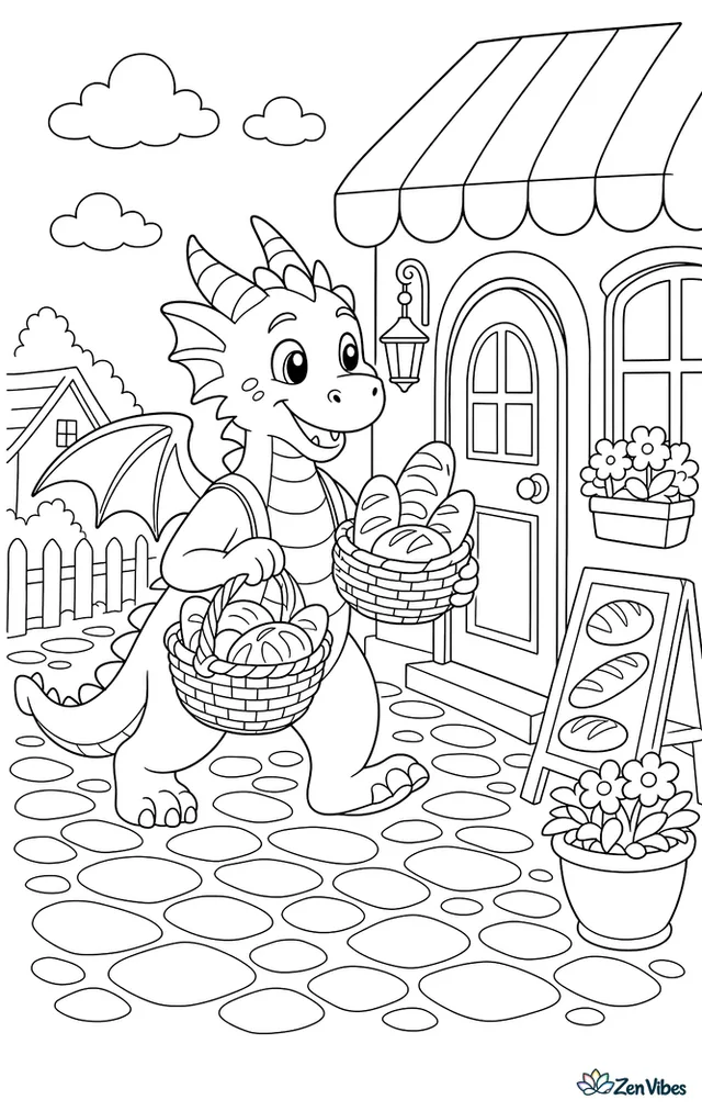 A village dragon carries baskets of fresh bread to a bakery door, while loaves, chalkboard signs, flower pots, cobblestones, and a striped awning frame the bustling street.