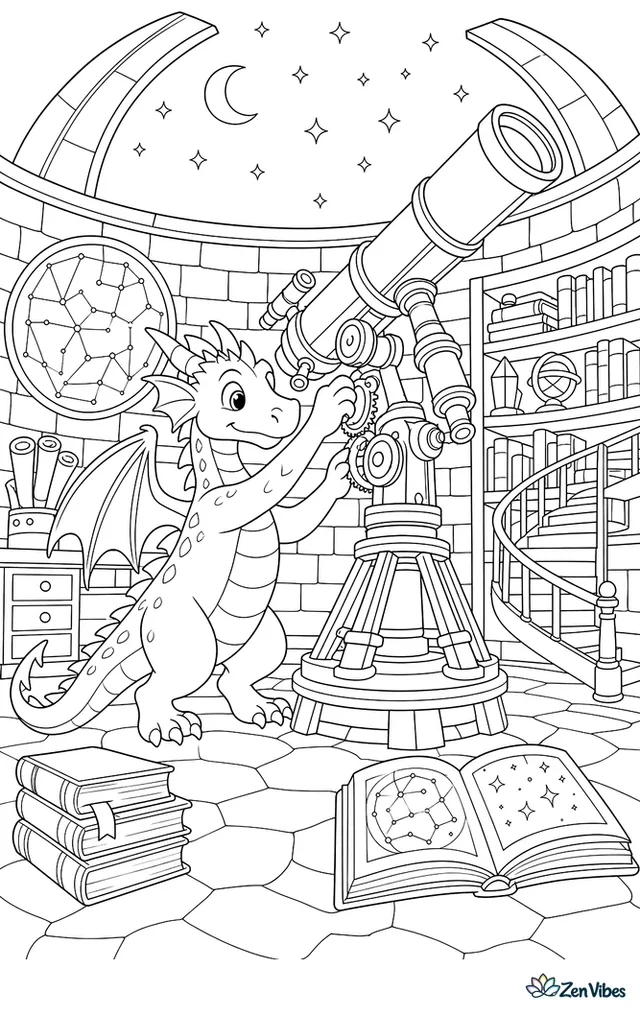 A silver dragon adjusts a large observatory telescope beneath an open dome, with star charts, gears, bookshelves, and a spiral staircase filling the round stone room.