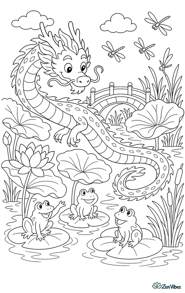 A jade marsh dragon glides between giant lotus leaves, watching frogs on lily pads while dragonflies hover above reeds and a small arched bridge crosses the pond.