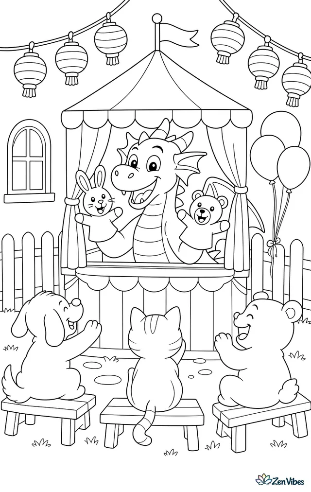 A carnival dragon performs a hand-puppet show from a tiny stage, while curtains, lantern strings, benches, balloons, and laughing animal-shaped puppets decorate the fairground corner.