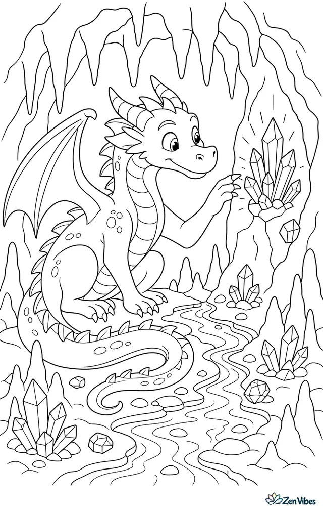 A cavern dragon studies glowing crystals on a cave wall, tail coiled among stalagmites while an underground stream, scattered gems, and hanging formations sparkle around it.