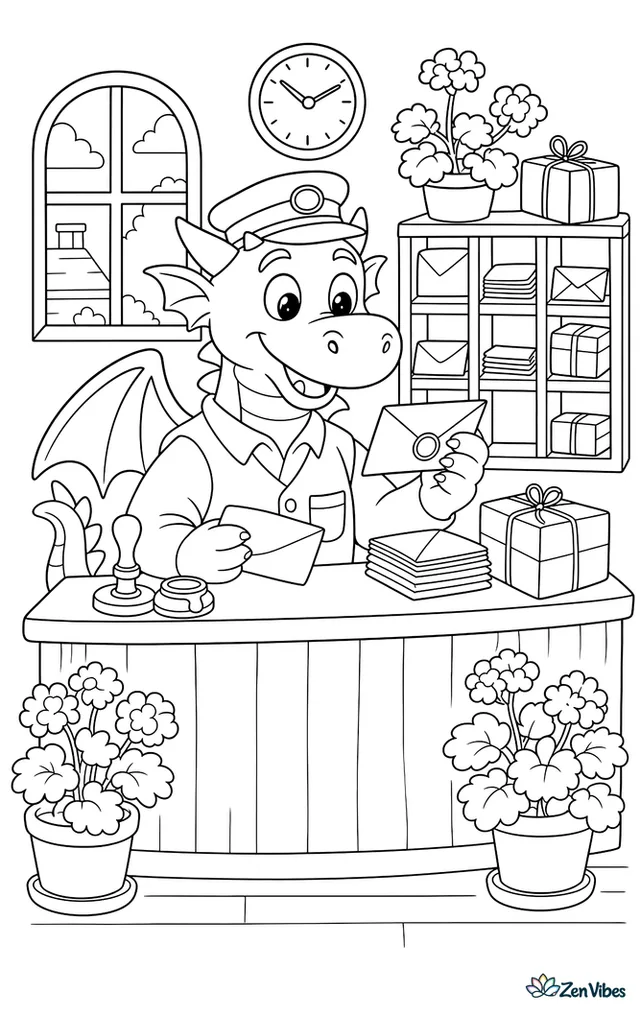 A town dragon sorts stamped letters behind a wooden post office counter, with pigeonholes, parcels, sealing wax, a clock, and potted geraniums brightening the room.
