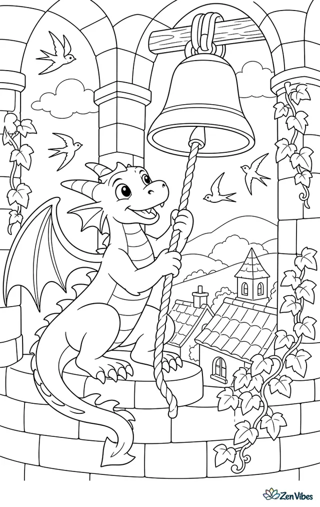 A bronze dragon perches in a bell tower tugging a rope to ring the bell, while rooftops, swallows, ivy, and distant hills spread beyond the arched openings.