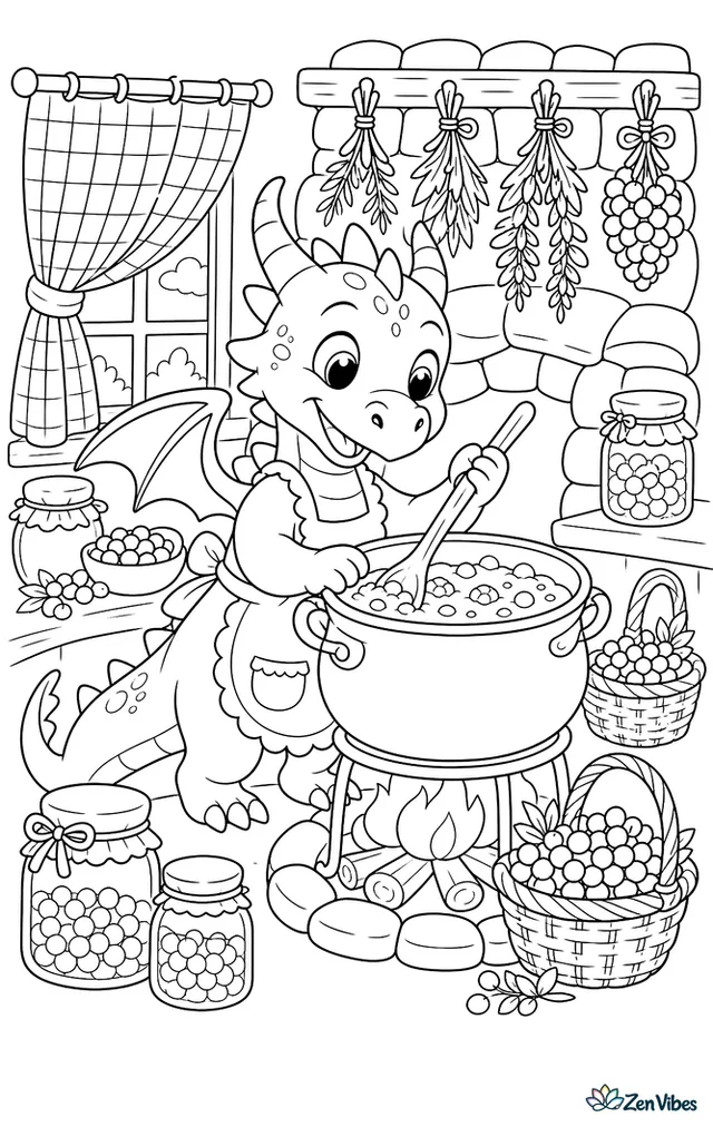 A cottage dragon stirs bubbling berry jam in a copper pot, surrounded by jars, baskets of berries, a gingham curtain, herbs drying overhead, and a stone hearth.