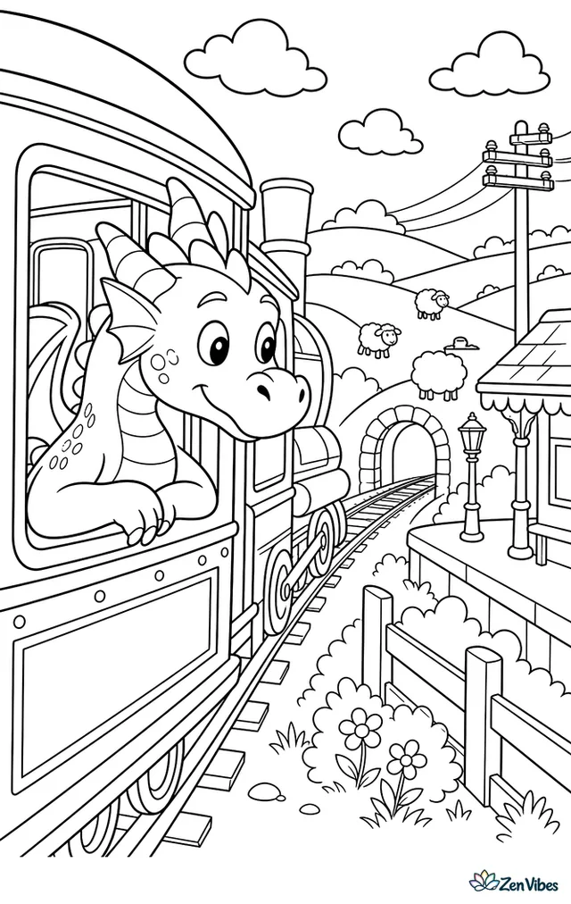 A curious dragon leans from a vintage train window admiring the countryside, where tunnels, sheep pastures, telegraph poles, and a station platform pass by outside.