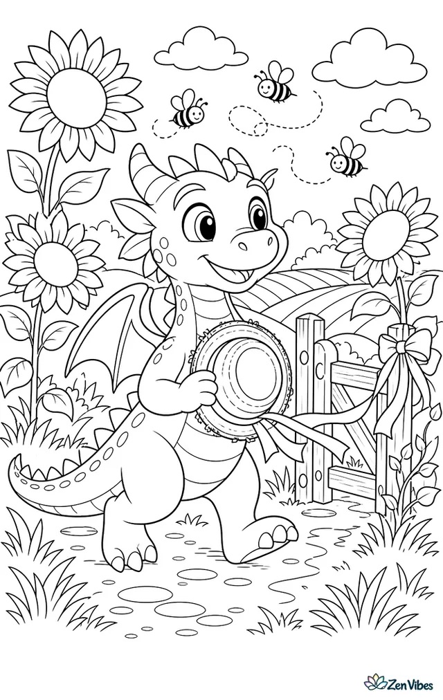 A golden prairie dragon wanders through towering sunflowers carrying a straw hat, while bees, a wooden gate, fluttering ribbons, and rolling farmland stretch into the distance.