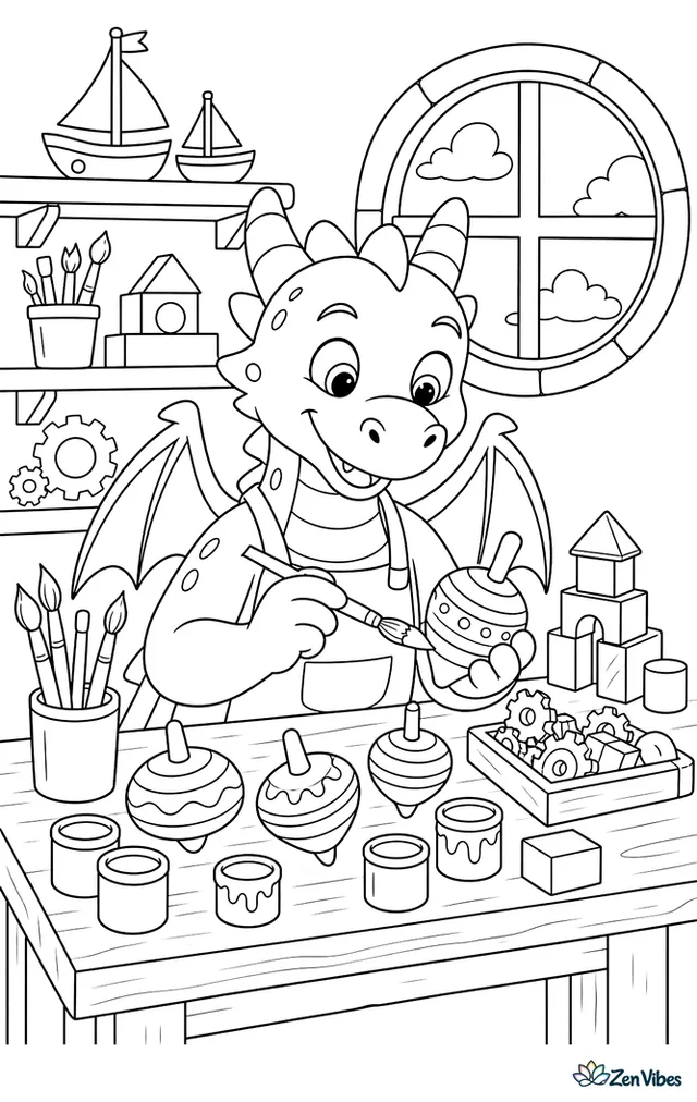 A workshop dragon paints wooden tops at a cluttered bench, with shelves of toy boats, blocks, brushes, gears, and a round window lighting the craft room.
