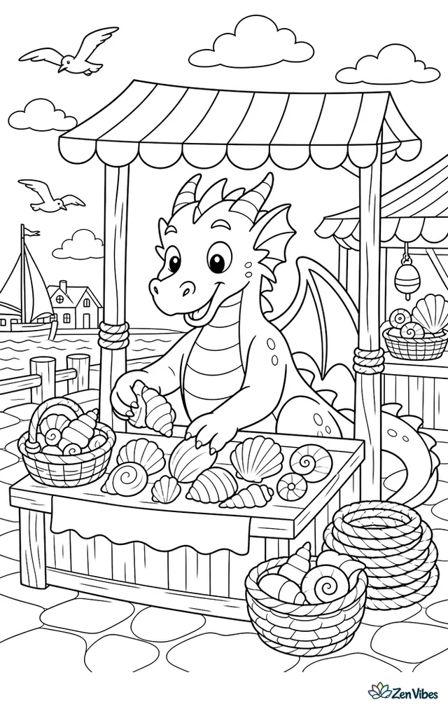 A harbor dragon arranges polished seashells at a market stall, while striped canopies, baskets, rope coils, gulls, and neighboring stands animate the waterfront promenade.
