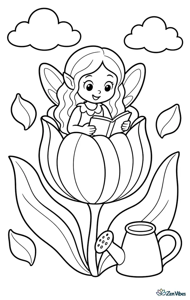 A silver-haired flower fairy sits inside a striped tulip blossom, reading a tiny book, surrounded by broad leaves, three floating petals, a watering can, and gentle clouds overhead.