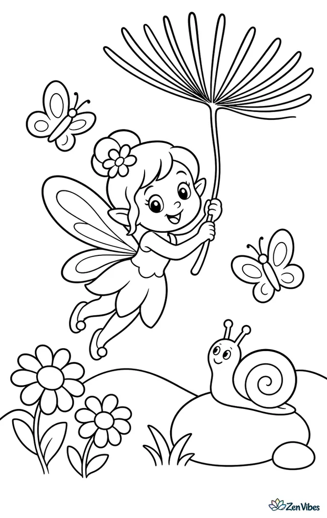 A meadow fairy glides while holding a giant dandelion seed like a parachute, above simple hills, daisies, fluttering butterflies, and a small snail watching from a smooth stone.