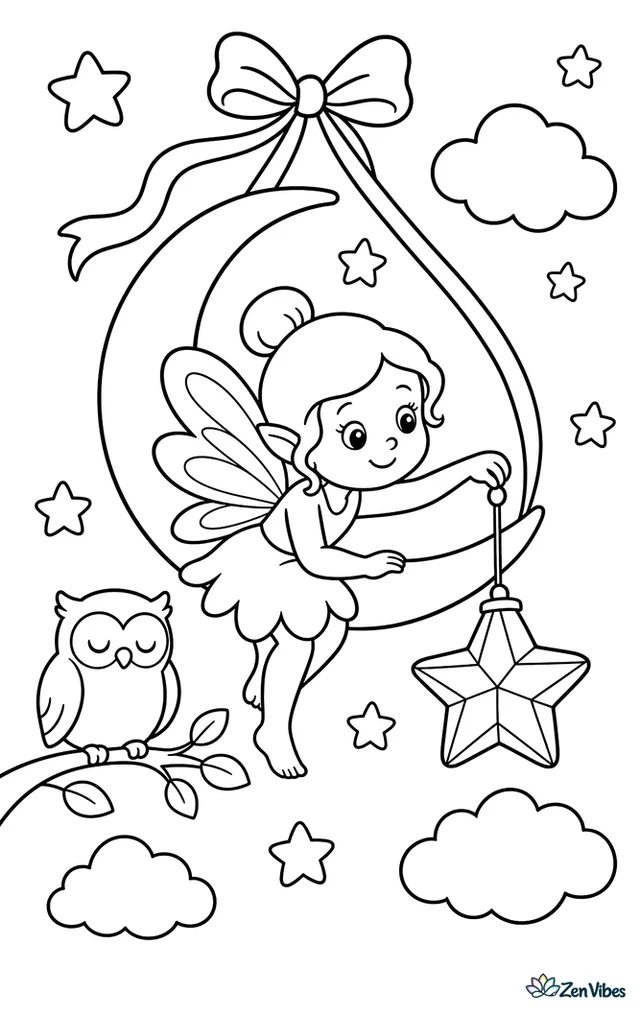 A night fairy hangs a star-shaped lantern from a crescent moon swing, with puffy clouds, twinkling stars, trailing ribbons, and a sleepy owl perched on a nearby branch.
