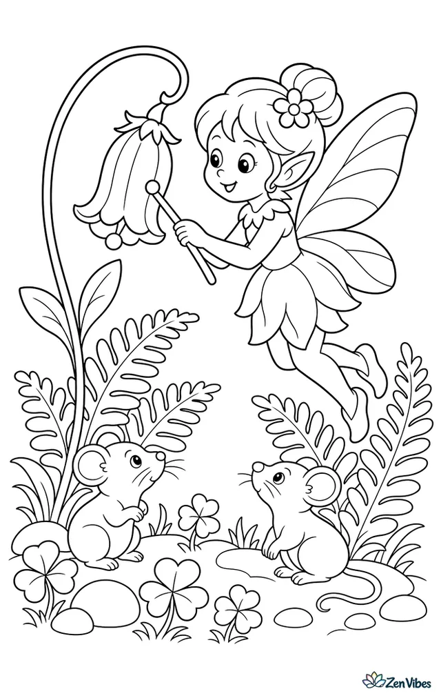A blue-winged fairy rings a hanging bluebell like a bell in a woodland clearing, with fern fronds, clover patches, smooth rocks, and a pair of curious field mice below.