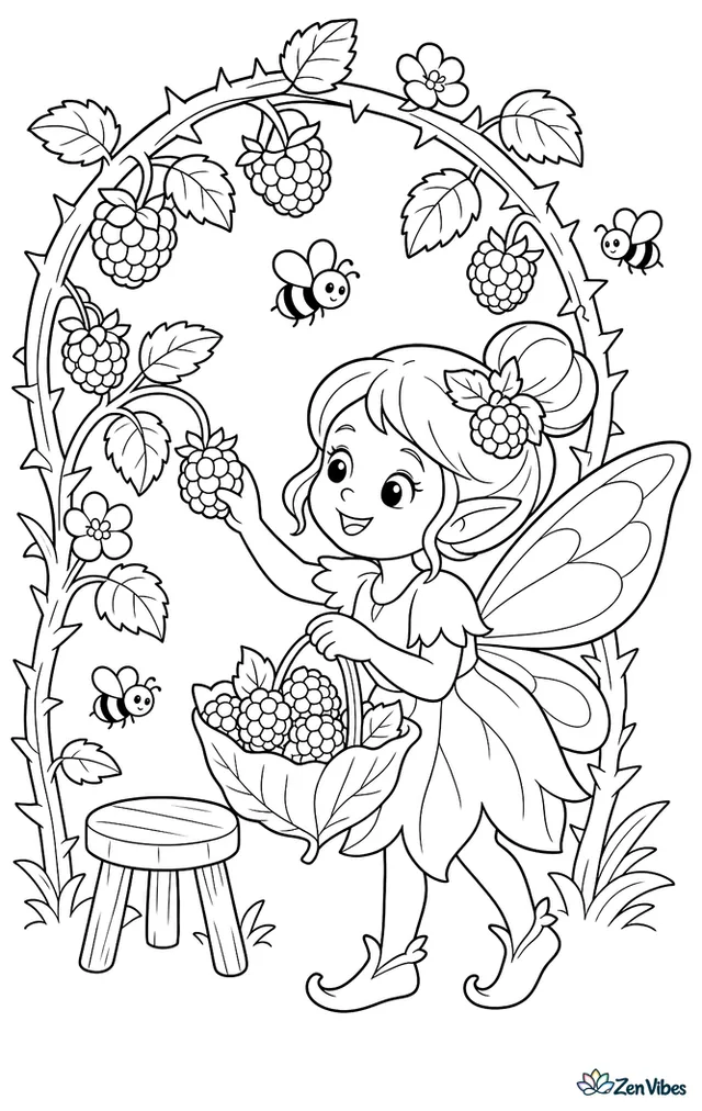 A berry fairy gathers ripe raspberries into a leaf basket beside a bramble arch, with thorny vines, small blossoms, a wooden stool, and buzzing bees moving between the canes.