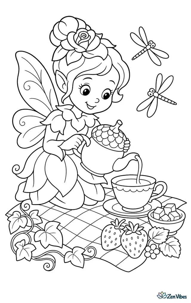 A rose-petal fairy pours tea from an acorn teapot into a china teacup at a picnic cloth, with sugar cubes, strawberries, curled ivy, and dragonflies hovering nearby.