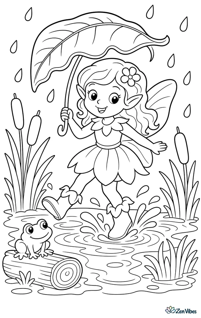A rain fairy splashes through a woodland puddle in petal boots, holding a leaf umbrella, with cattails, raindrops, ripples, a frog on a log, and reeds around the pond edge.
