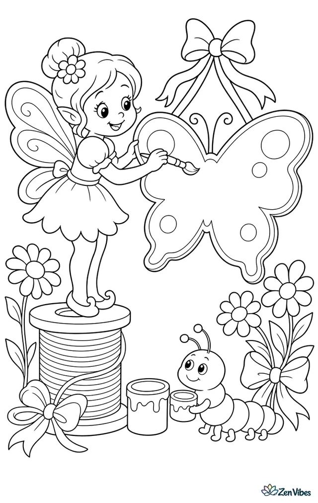 A painter fairy decorates a butterfly-shaped sign with a tiny brush, standing on a spool of thread, with paint pots, daisy stems, ribbon bows, and a helpful caterpillar nearby.