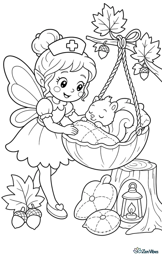 A nurse fairy rocks a baby squirrel in a hazelnut-shell cradle hanging from twine, surrounded by maple leaves, acorns, stitched cushions, and a lantern glowing from a stump.