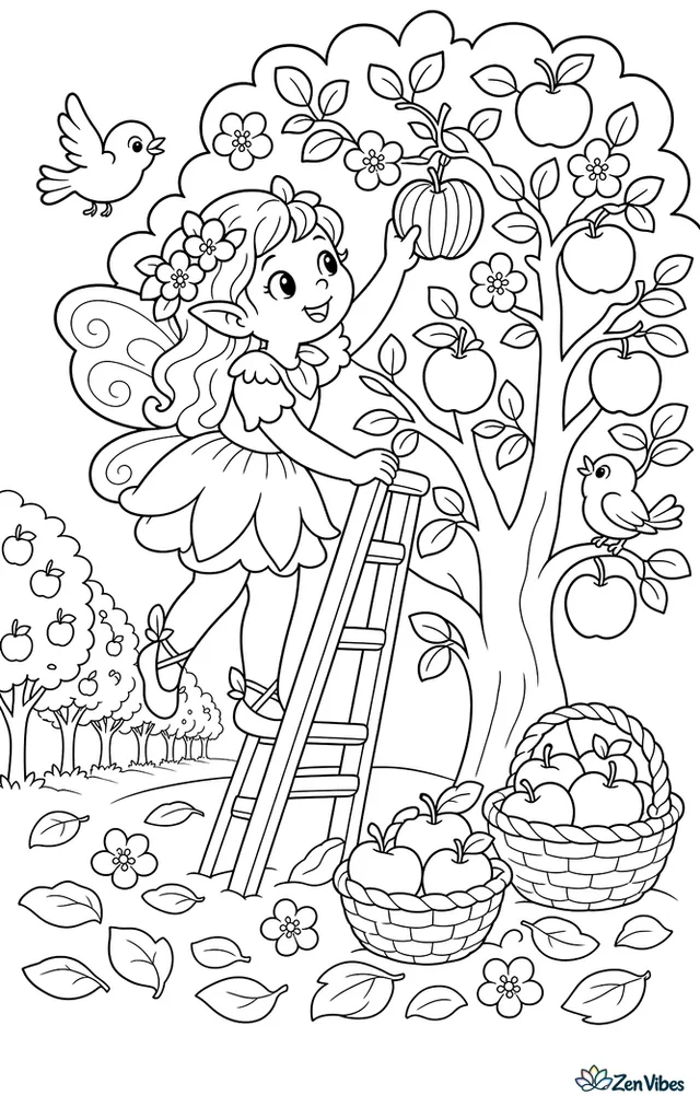 An orchard fairy reaches from a ladder to pick a striped apple, while baskets rest below among fallen leaves, blossoms, chirping birds, and neat rows of fruit trees.