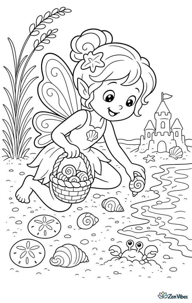 A shore fairy combs the beach for spiral seashells beside the tide line, with sand dollars, sea oats, rolling waves, a sandcastle, and a crab peeking from wet sand.