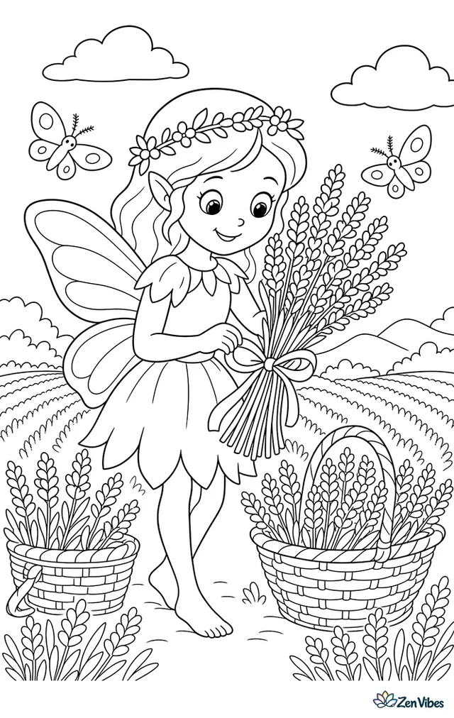 A harvest fairy ties a fragrant lavender bundle with ribbon in a sunny field, with woven baskets, neat rows of blooms, fluttering moths, and distant hills under soft clouds.